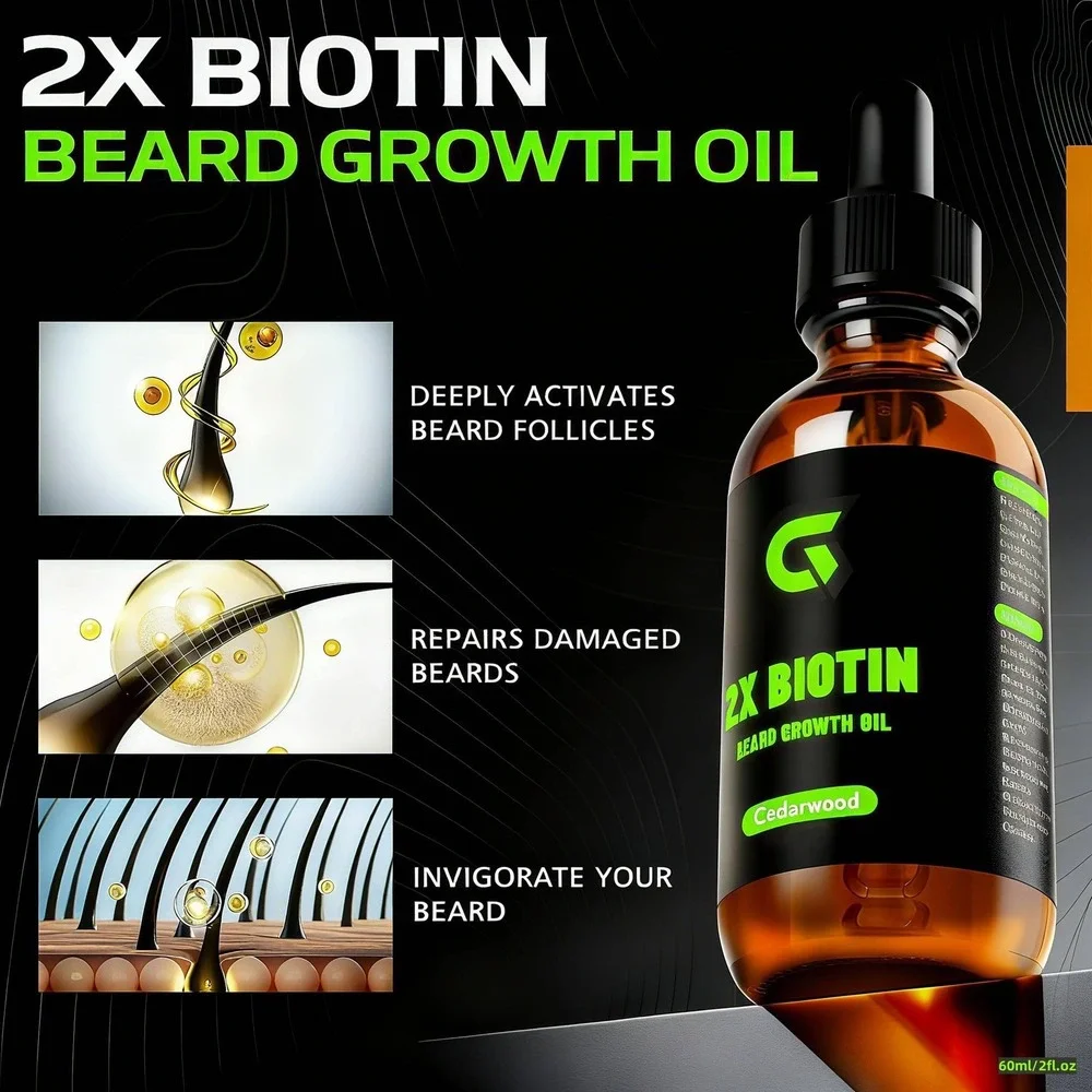 Biotin 2X Beard Growth Oil Men Natural Organic Standard‎ Size One New Retro